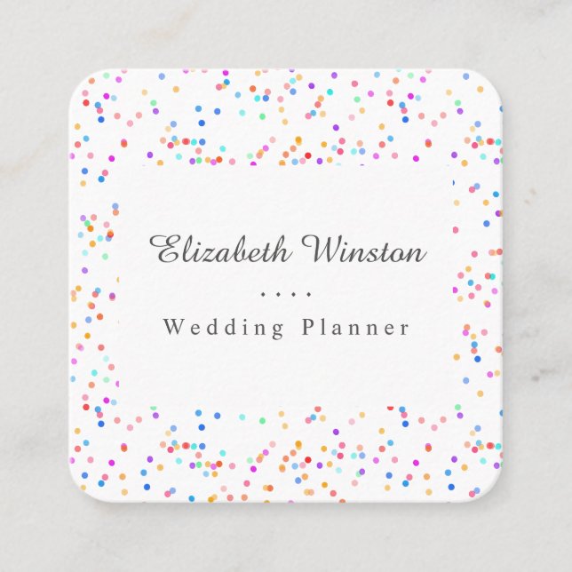 Elegant Colourful Confetti Script Square Business Card (Front)