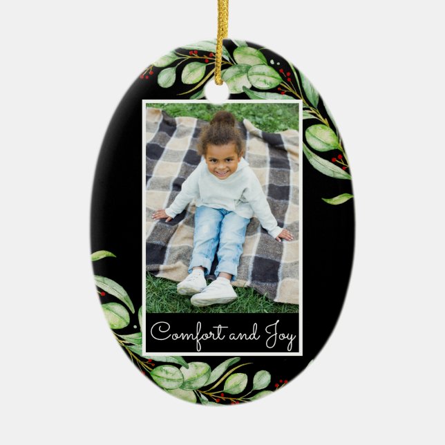 Elegant Comfort & Joy Greenery Photo Christmas Ceramic Ornament (Front)