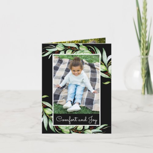 Elegant Comfort  Joy Greenery Photo Christmas Holiday Card