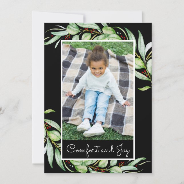 Elegant Comfort & Joy Greenery Photo Christmas Holiday Card (Front)