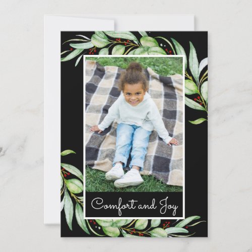 Elegant Comfort  Joy Greenery Photo Christmas Holiday Card