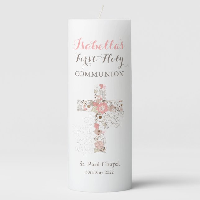 Elegant Communion Floral Cross Girl Name Pillar Candle (Front)