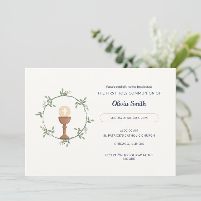Elegant Communion Invite – Floral Wreath & Chalice (Standing Front)
