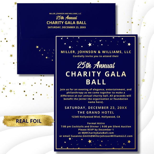 Elegant Company Charity Gala Ball Blue Budget Foil Invitation (Elegant Charity Gala Ball invitation with real gold foil accents.)