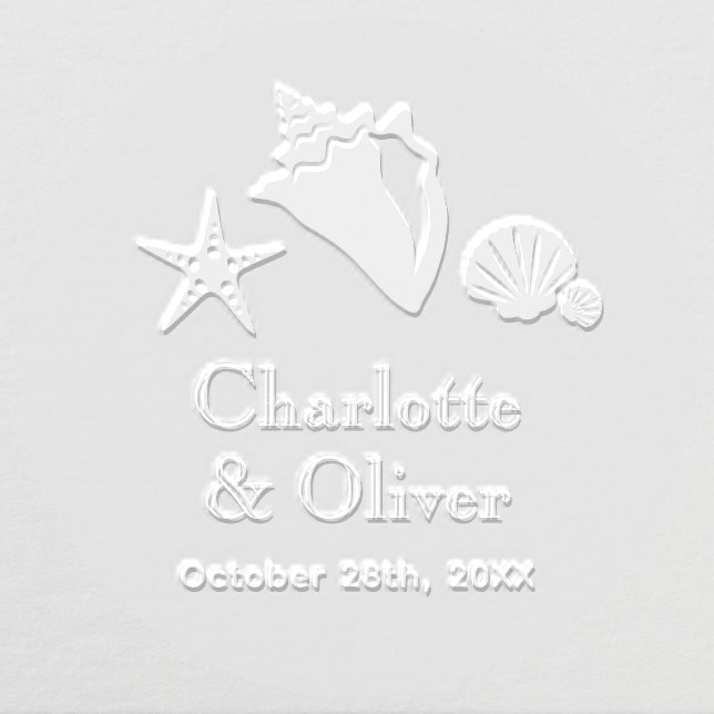 Elegant Conch Starfish Seashells Couple Names Date Embosser (Design)