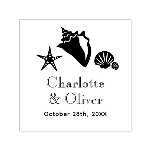 Elegant Conch Starfish Seashells Couple Names Date Self_inking Stamp