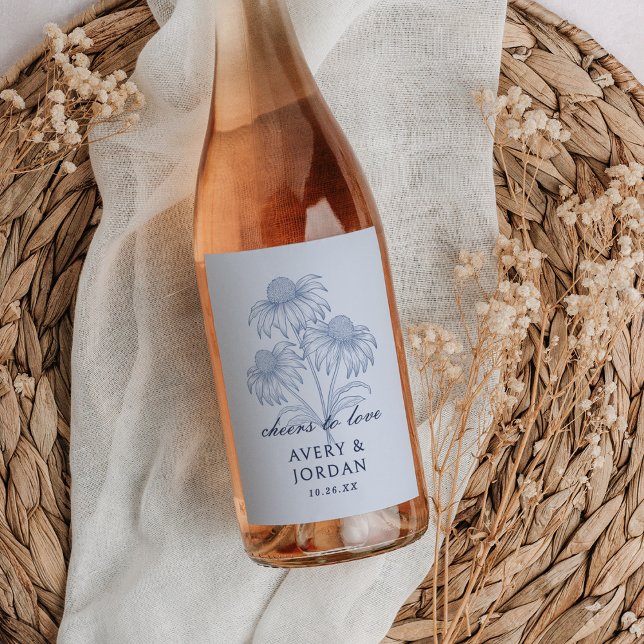 Elegant Coneflower Floral Dusty Blue Wedding Wine Label (Creator Uploaded)