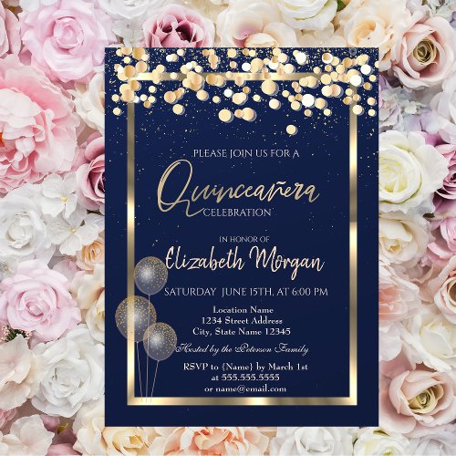 Elegant Confetti Balloons Navy Blue Quinceaera Invitation