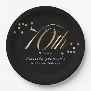 Elegant Confetti Black and Gold 70th Birthday Paper Plates