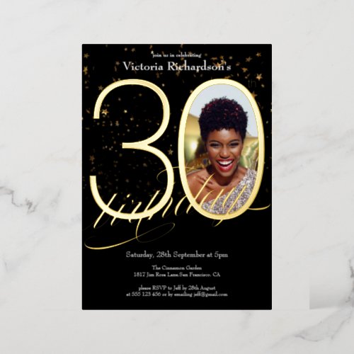 Elegant Confetti Black Gold Photo 30th Birthday Foil Invitation