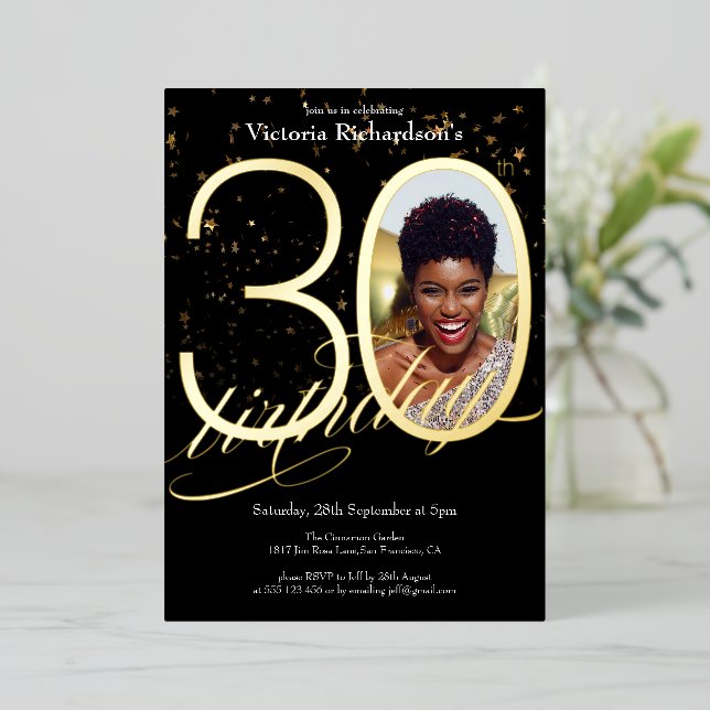 Elegant Confetti Black Gold Photo 30th Birthday Foil Invitation (Standing Front)