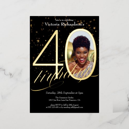 Elegant Confetti Black Gold Photo 40th Birthday  Foil Invitation