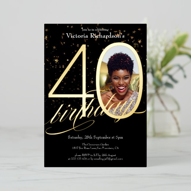 Elegant Confetti Black Gold Photo 40th Birthday  Foil Invitation (Standing Front)