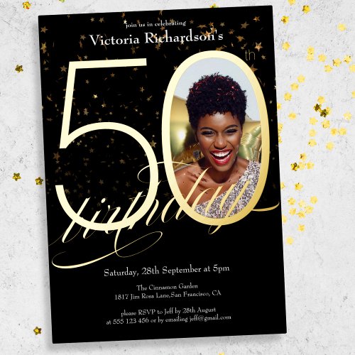 Elegant Confetti Black Gold Photo 50th Birthday Foil Invitation