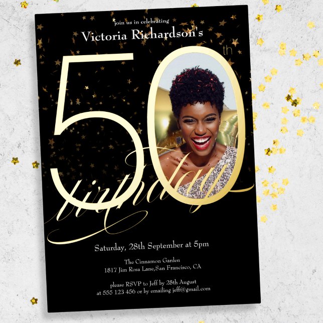 Elegant Confetti Black Gold Photo 50th Birthday Foil Invitation (Mockup View)