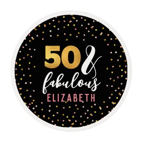 Elegant Confetti Gold Black 50  Fabulous Birthday Edible Frosting Rounds