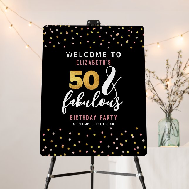 Elegant Confetti Gold Black 50 & Fabulous Birthday Foam Board (In Situ (Stand))