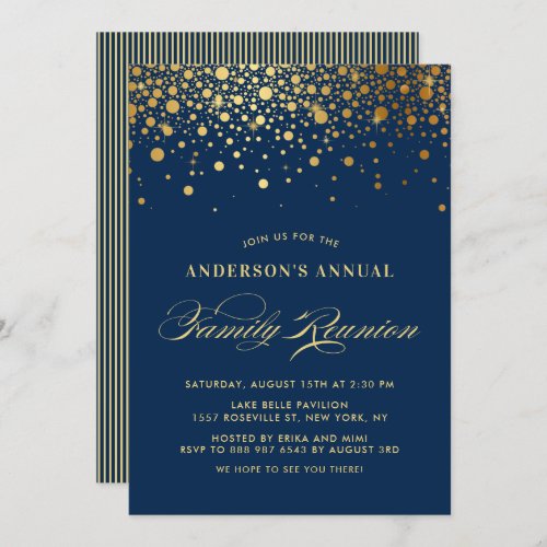 Elegant Confetti Gold Foil Blue Family Reunion Invitation