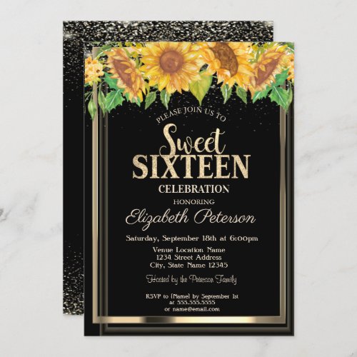 Elegant Confetti Gold Frame Sunflowers Sweet 16 Invitation