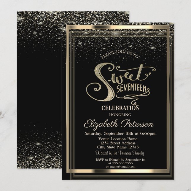 Elegant Confetti Gold Frame Sweet 17 Birthday Invitation (Front/Back)