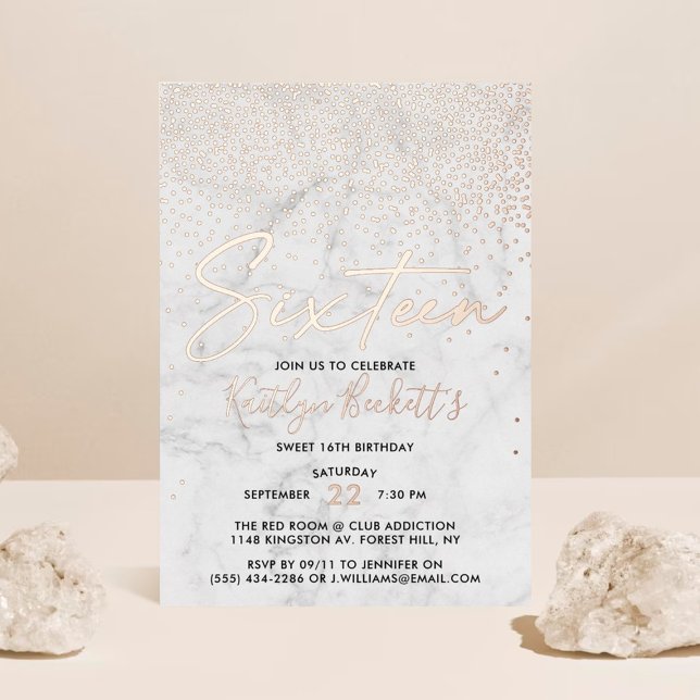 Elegant Confetti & Marble Sweet 16 Birthday Real Foil Invitation (Creator Uploaded)
