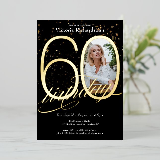 Elegant Confetti Photo Black Gold 60th Birthday Foil Invitation (Standing Front)