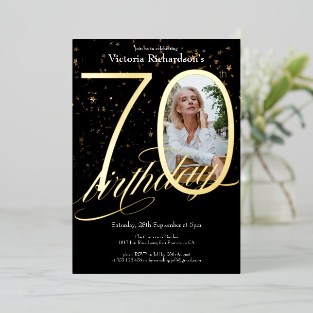 Elegant Confetti Photo Black Gold 70th Birthday Foil Invitation (Standing Front)