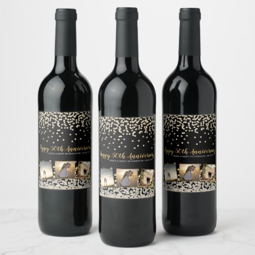 Elegant Confetti Photo Collage 50th Anniversary Wine Label