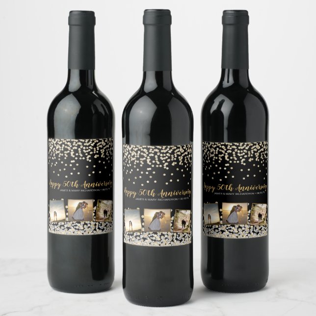 Elegant Confetti Photo Collage 50th Anniversary Wine Label (Bottles)