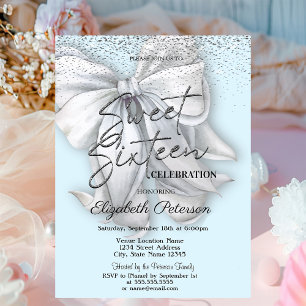 Elegant Confetti White Bow Light Blue Sweet 16 Invitation