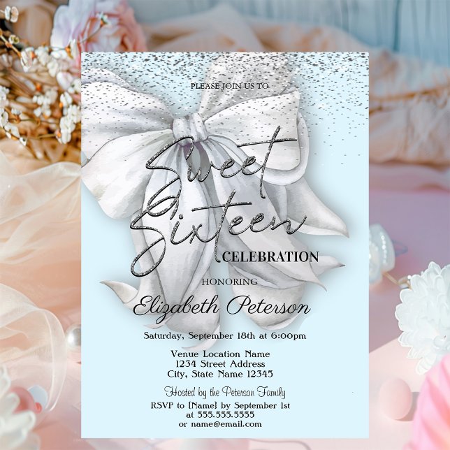 Elegant Confetti White Bow Light Blue Sweet 16 Invitation (Creator Uploaded)