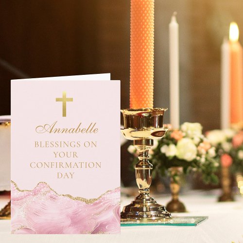 Elegant Confirmation Blessings Pink Gold Custom Card