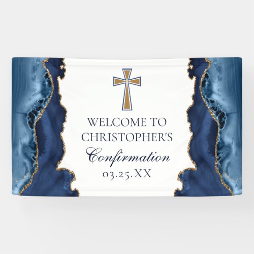 Elegant Confirmation Cross Navy Blue Gold Agate Banner
