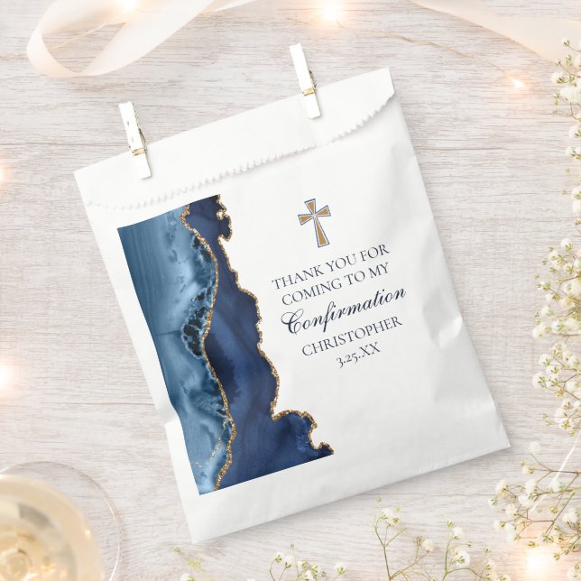 Elegant Confirmation Cross Navy Blue Gold Agate Favor Bag (Clipped)