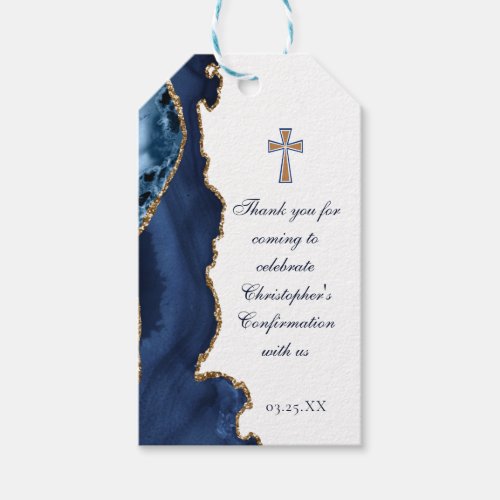 Elegant Confirmation Cross Navy Blue Gold Agate Gift Tags