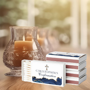 Elegant Confirmation Cross Navy Blue Gold Agate Matchboxes