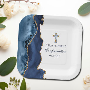 Elegant Confirmation Cross Navy Blue Gold Agate Paper Plates