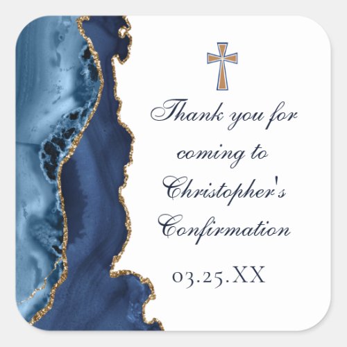 Elegant Confirmation Cross Navy Blue Gold Agate Square Sticker