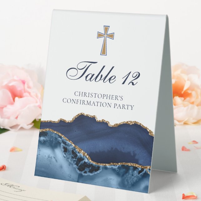 Elegant Confirmation Cross Navy Blue Gold Agate Table Tent (In SItu (Wedding))