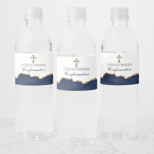 Elegant Confirmation Cross Navy Blue Gold Agate Water Bottle Label