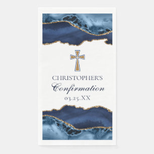 Elegant Confirmation Cross Navy Blue Gold Custom Paper Guest Towels