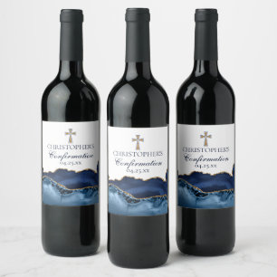 Elegant Confirmation Cross Navy Blue Gold Custom Wine Label