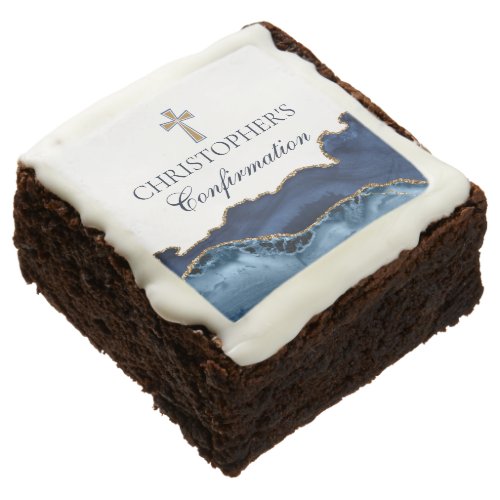 Elegant Confirmation Cross Navy Blue Gold Party Brownie