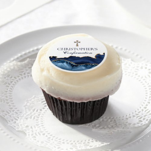 Elegant Confirmation Cross Navy Blue Gold Party Edible Frosting Rounds