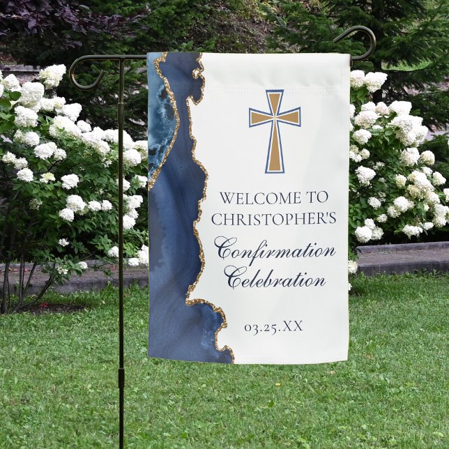 Elegant Confirmation Cross Navy Blue Gold Party Garden Flag (Creator Uploaded)