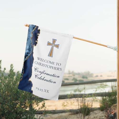 Elegant Confirmation Cross Navy Blue Gold Party House Flag