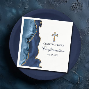 Elegant Confirmation Cross Navy Blue Gold Party Napkins