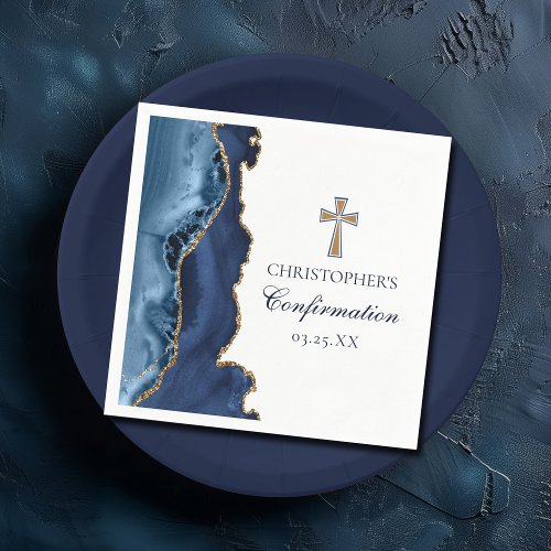 Elegant Confirmation Cross Navy Blue Gold Party Napkins