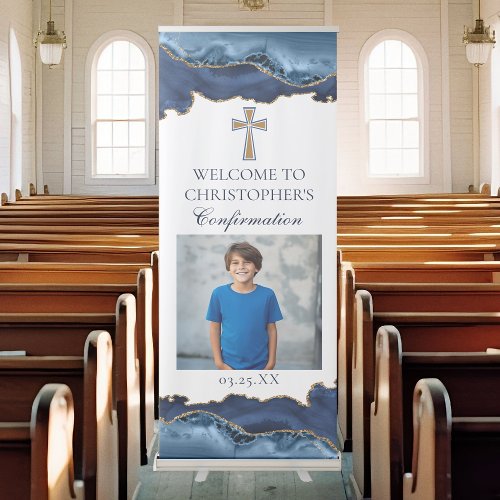 Elegant Confirmation Cross Navy Blue Gold Party Retractable Banner