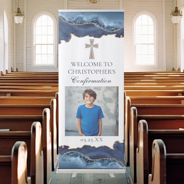 Elegant Confirmation Cross Navy Blue Gold Party Retractable Banner (Creator Uploaded)